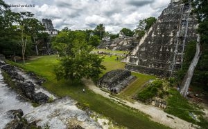 Site archéologique Maya de Tikal. Gran Plaza, vue sur la place et le temple 1, Grand Jaguar, depuis l'Acropolis Central. 16 septembre 2010 © Willy Blanchard