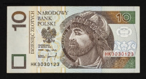 Pologne. Billet de banque, 10 złoty, recto, série 1994. Voyage (en passant) de 2007