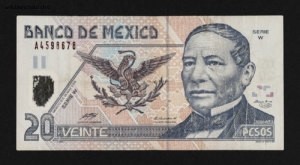 Mexique. Billet de banque, veinte pesos, recto, série 2003, voyage de 2008