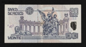 Mexique. Billet de banque, veinte pesos, verso, série 2003, voyage de 2008
